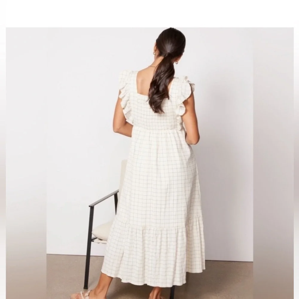 Evereve Mae Ivory Windowpane plaid ruffle Sundress Medium Midi length - Picture 2 of 13